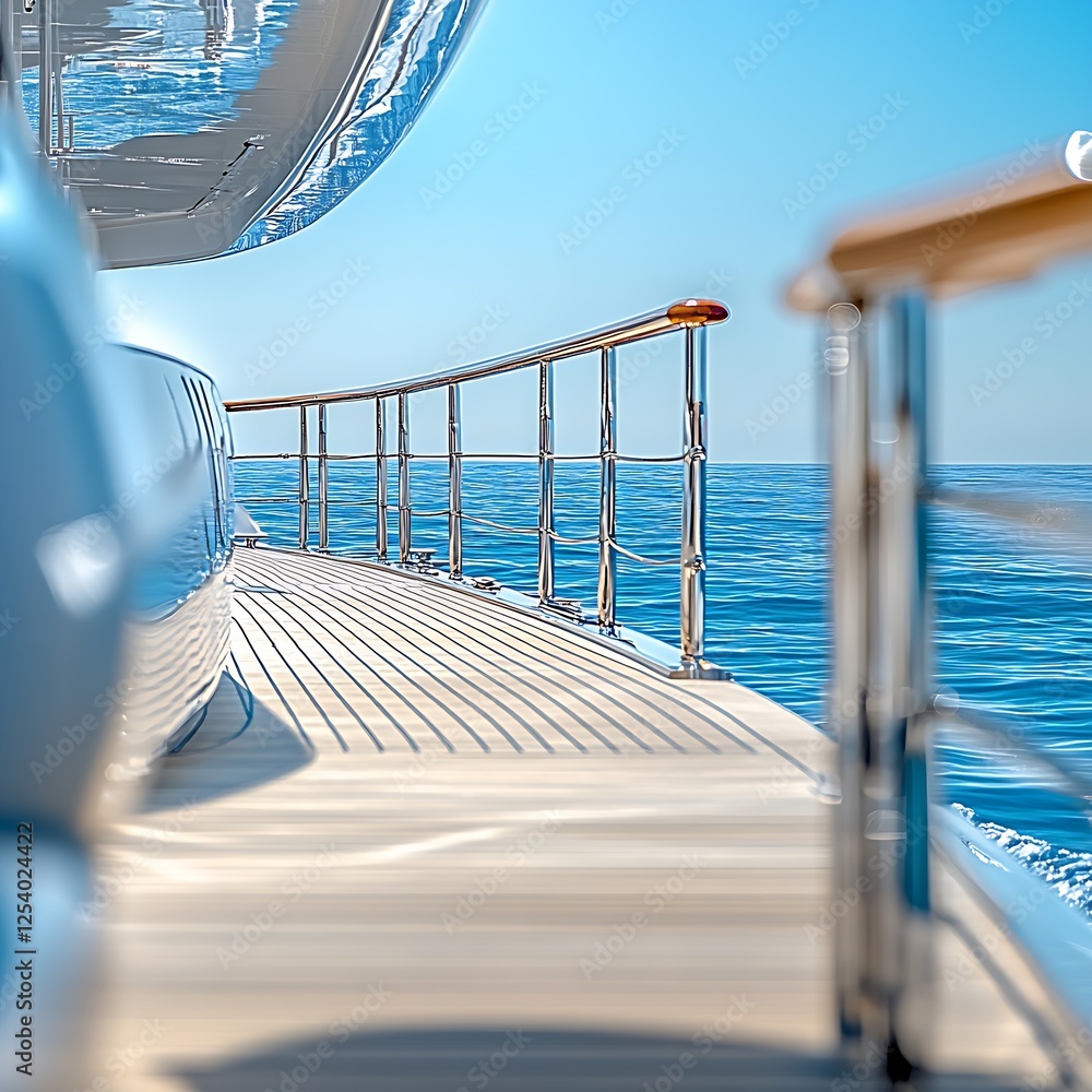 Poster elegant yacht deck view with shimmering ocean and clear blue sky inviting relaxation and adventure :