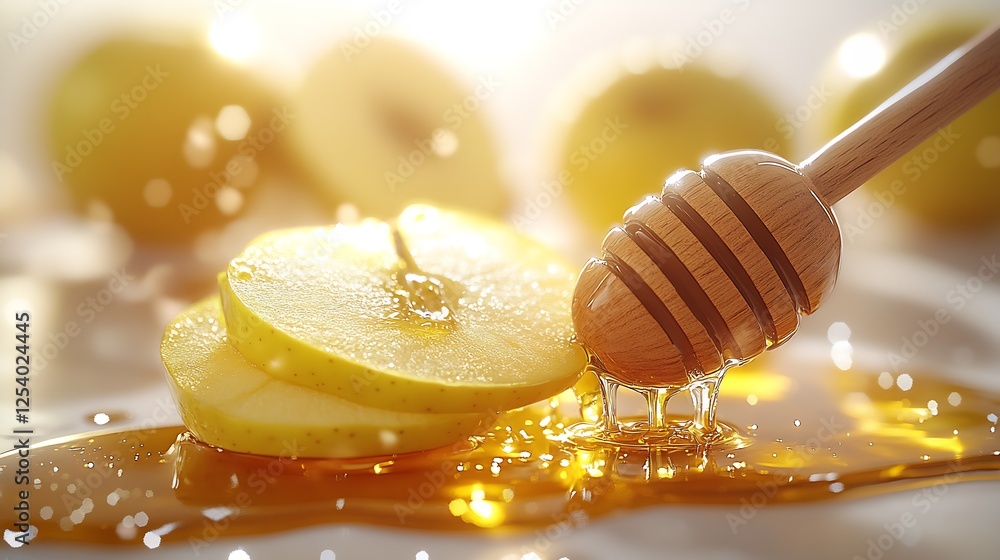 Poster Fresh Sliced Apples with Honey Dripping from a Wooden Spoon in Bright Setting : Generative AI