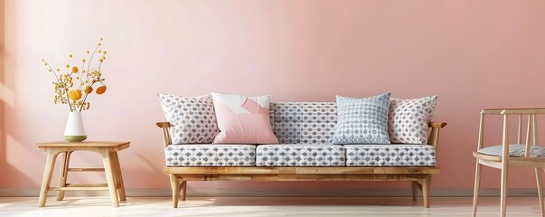 Minimalist living room featuring pastel pink walls, wooden furniture, and a geometric patterned sofa. Clean lines.