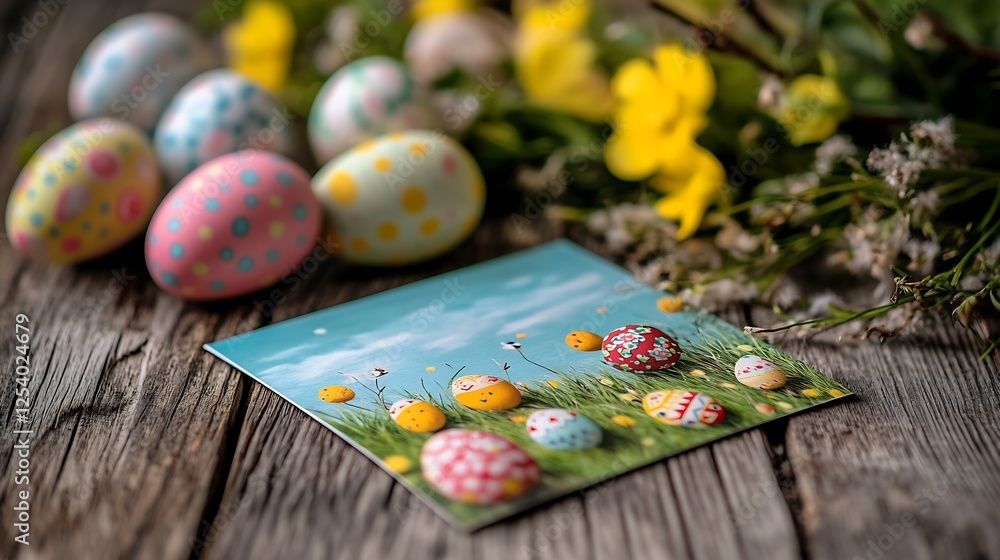 Poster brightly colored easter eggs resting on a wooden table surrounded by cheerful spring flowers : gener