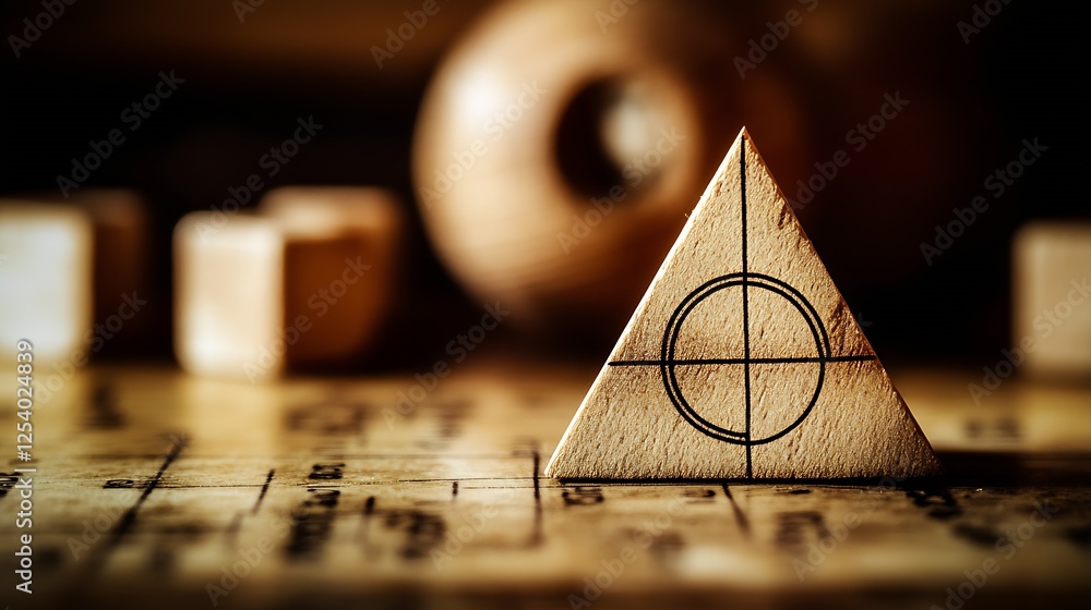 Leinwandbilder wooden triangular piece with targeting design on a blurred background of other wooden shapes : gener