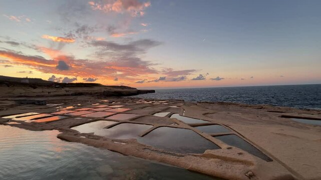 Sea salt marsh at sunset. Sea salt mining.