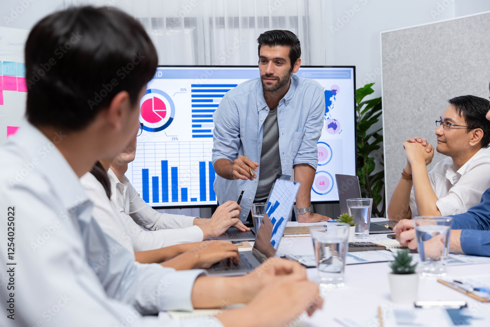 Leinwandbilder analyst team utilizing bi fintech to analyze financial data at table in meeting room. businesspeople
