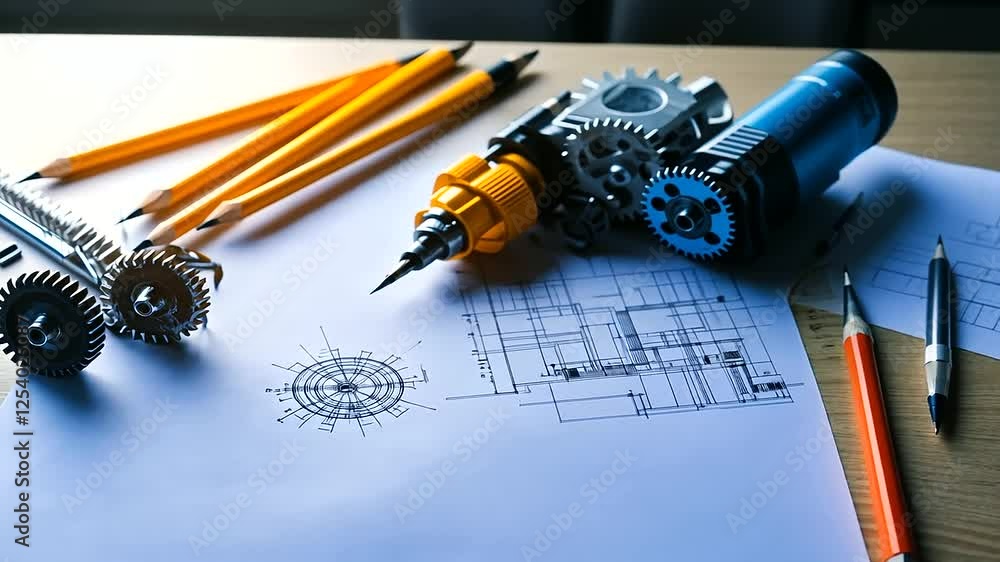Poster a high-resolution blueprint with precise gear system schematics, accompanied by engineering rulers, 