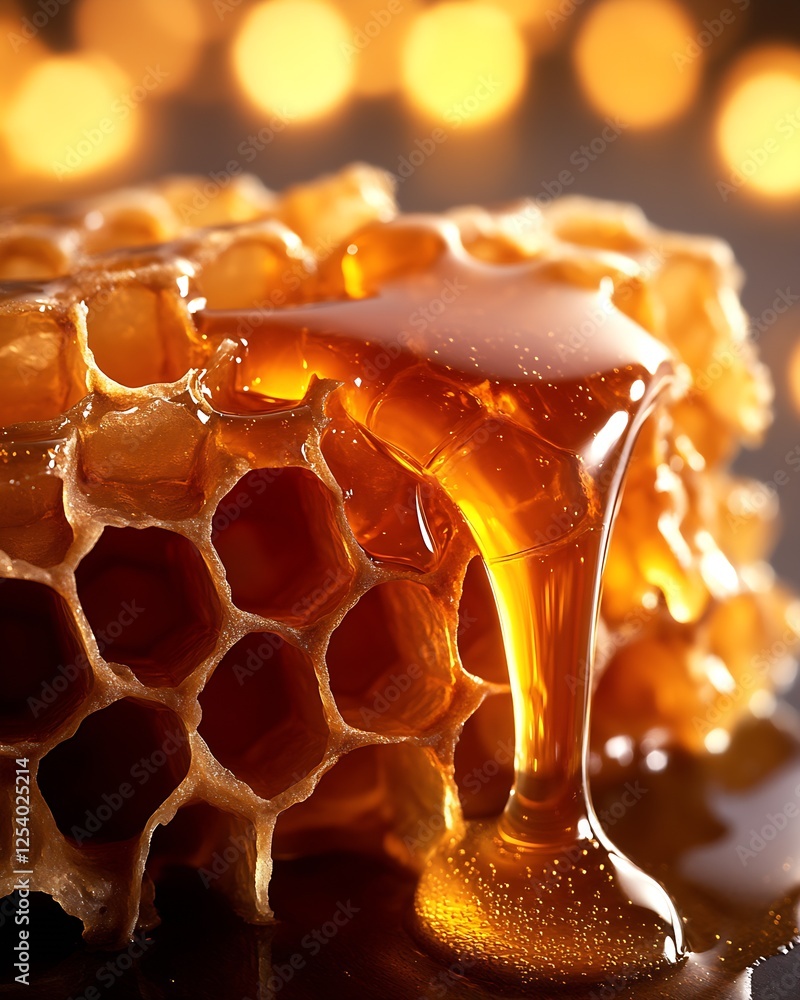 Poster honeycomb with dripping honey surrounded by beautiful warm bokeh light : generative ai