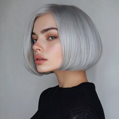 Stunning Silver Bob Haircut on a Young Woman, Fashionable and Chic Hairstyle, Modern and Elegant Hair Look