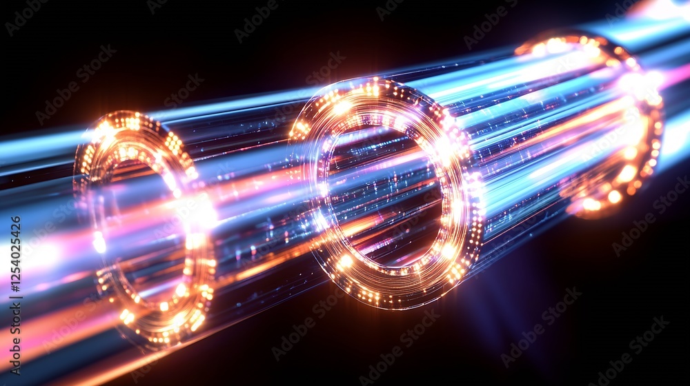 Poster captivating digital light trails conveying a sense of speed and energy in neon tubes : generative ai