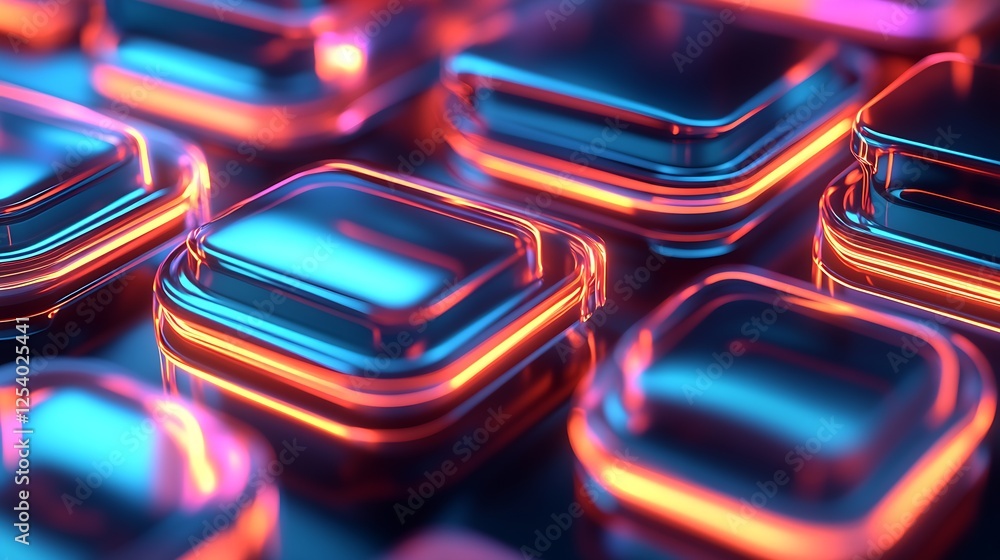 Aufkleber Futuristic Abstract 3D Art with Colorful Neon Squares on a Glossy Surface : Generative AI