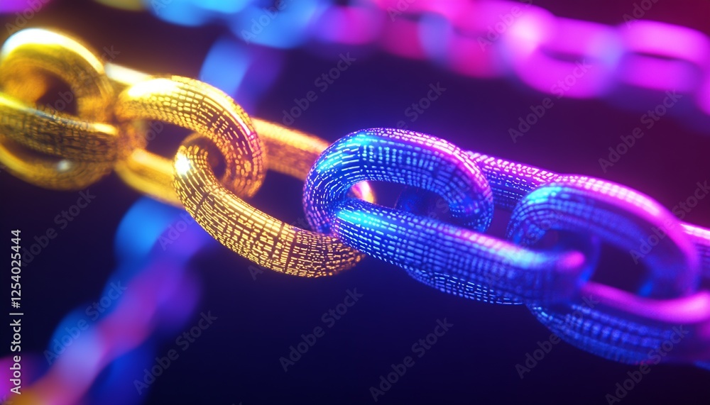 Fototapete Intricate Metallic Chain Links Colorfully Intertwined Emphasizing Complexity in Design : Generative AI