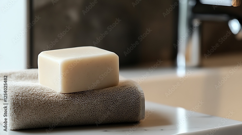 Poster natural handmade soap bar on a soft towel in a luxurious bathroom setting : generative ai