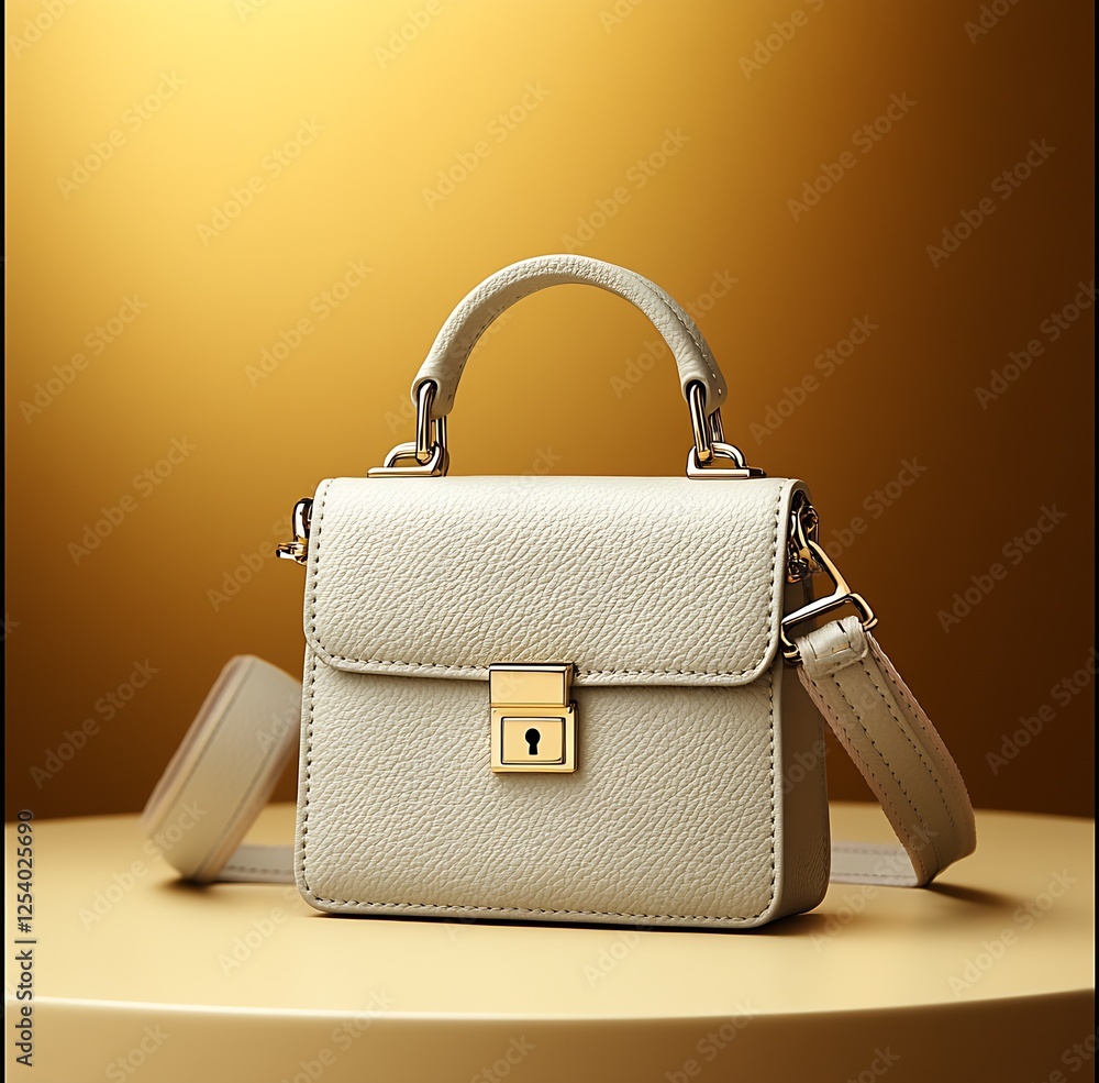 Poster trendy light gray handbag featuring a secure lock on a minimalistic surface with a golden background