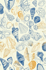Seashells sea life pattern, blue and gold simple line seamless drawing, white background 