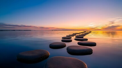 Stone Pathway Across Calm Water at Sunset