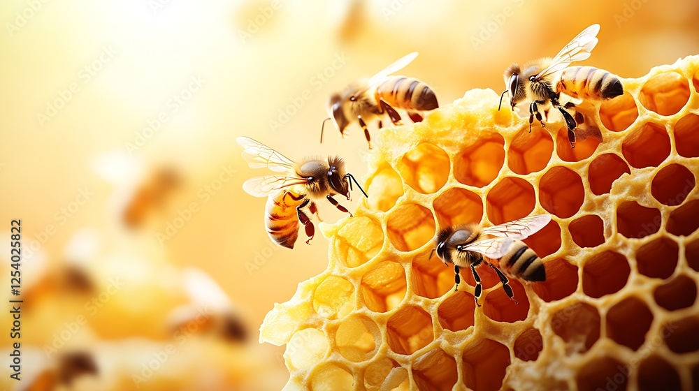 Poster honey bees actively collecting nectar from honeycomb in a beekeeper's apiary under sunny conditions 