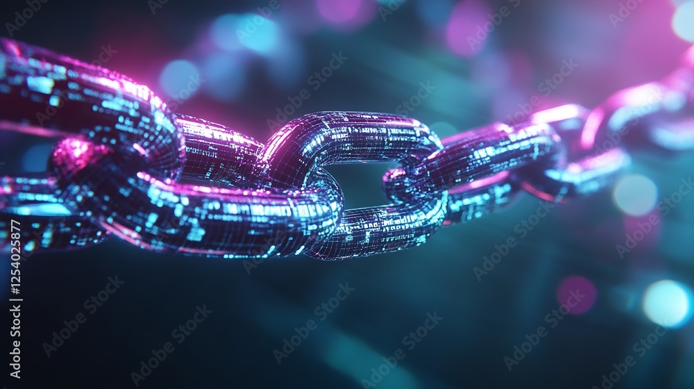 Poster Stunning 3D render of a shiny digital chain link with colorful light reflections : Generative AI