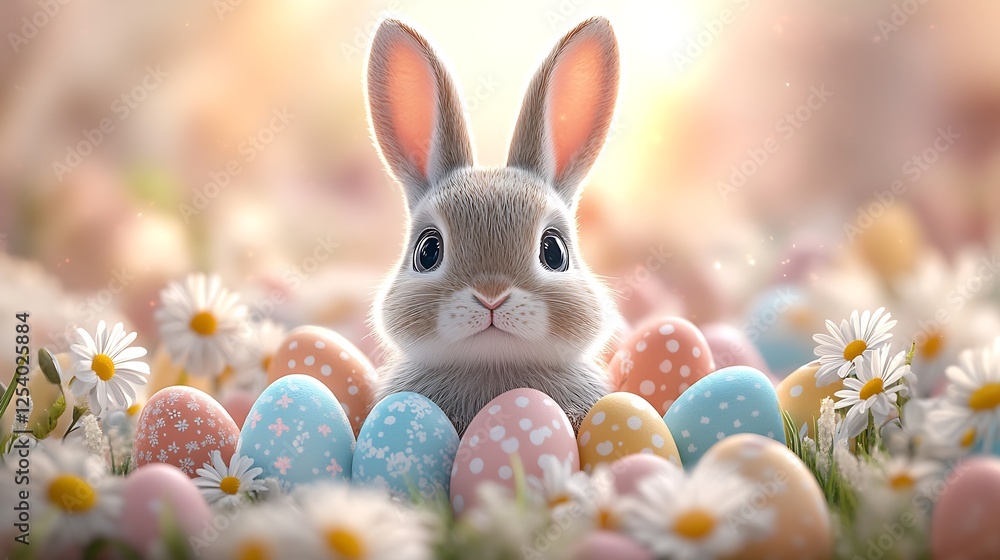 Fototapete adorable bunny enjoying a colorful array of easter eggs in a cheerful flower-filled setting : genera