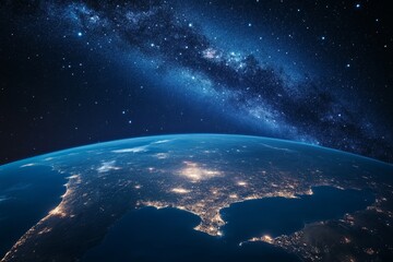 Fototapeta premium Earth's night lights, Milky Way backdrop, space view, planet