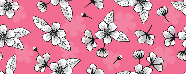 Sakura or cherry blossom flowers in graphic style. Black white seamless pattern on pink background. Floral print on fabric and paper. Hand drawn. Vector design for textile, cover, wallpaper, package.