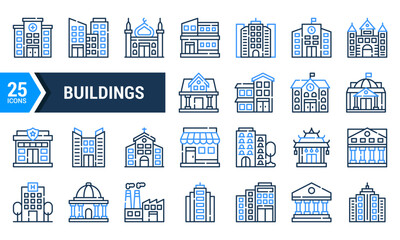 A set of 25 blue line icons depicting different types of buildings.
