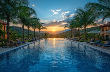 Obraz premium Serene Resort Pool with Palm Trees at Sunset