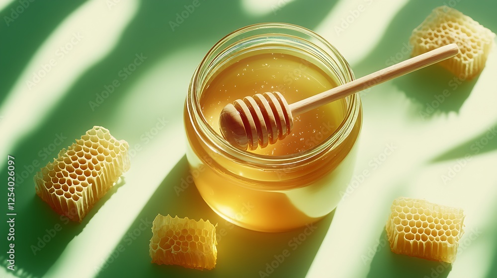 Poster artisan honey in a clear jar with a wooden dipper and honeycomb pieces on a soft green background : 