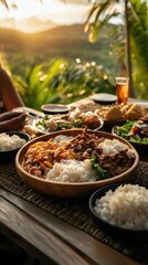Guam History And Chamorro Heritage Day Outdoor tropical dining with rice, vegetables, and meat dishes at sunset