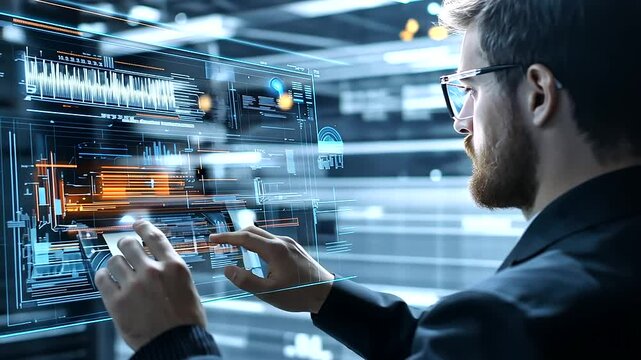 A manufacturing specialist in a smart factory, using augmented reality on a tablet to overlay data onto working machinery, ensuring peak efficiency.