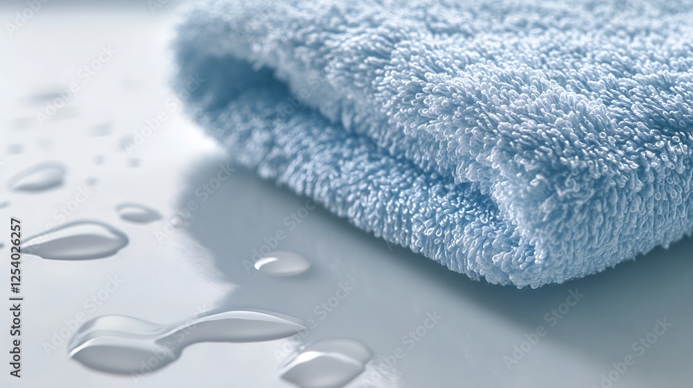 Aufkleber A neatly folded soft blue towel on a shiny surface with water droplets creating an inviting atmosphere : Generative AI
