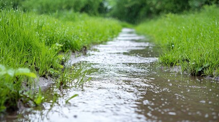 Obraz premium Pathway through grassy field after rain. Use Stock photo of nature