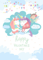 Cute card with fairy unicorns boy and girl in love on clouds with cupid on the background. Vector illustration in cartoon style.