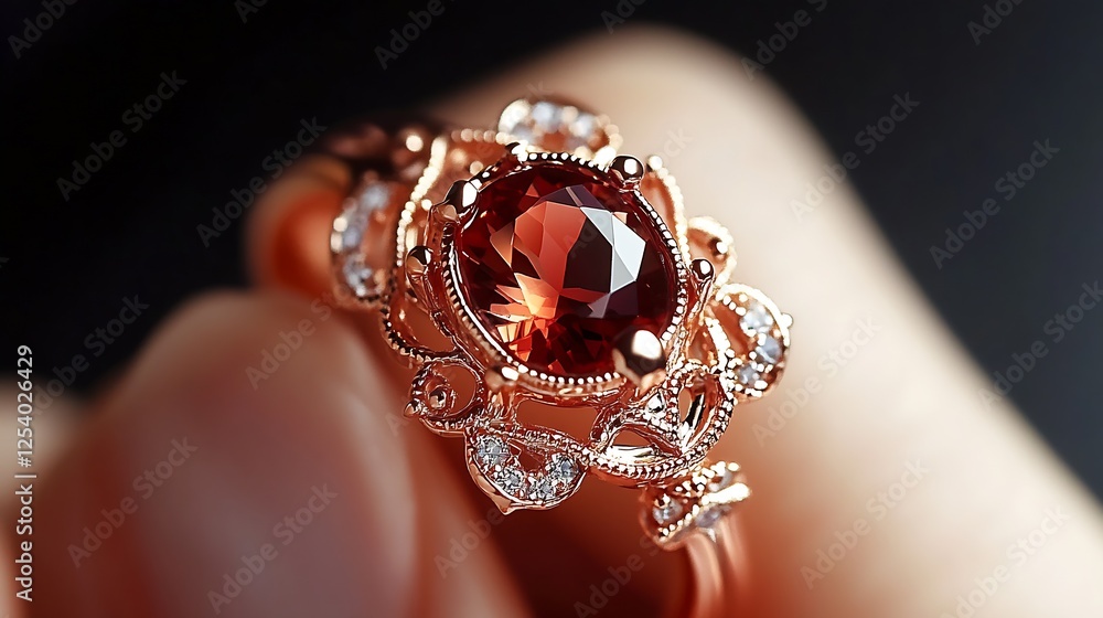 Poster beautiful close-up of an intricately designed rose gold ring with a garnet centerpiece and sparkling