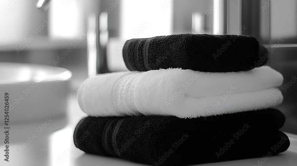 Poster Elegant Stack of Soft Black and White Towels in a Modern Bathroom Setting : Generative AI