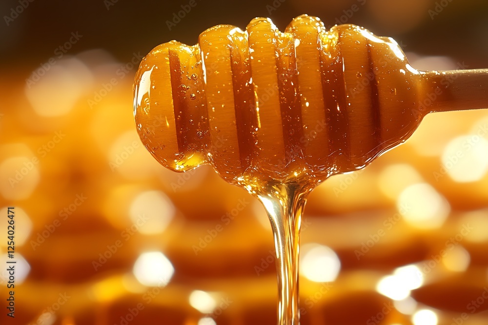 Poster rich golden honey dripping from a wooden dipper over a honeycomb surface with blurred background : g
