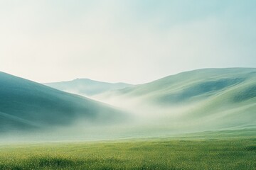 Rolling hills enveloped in a mystic mist, creating a serene and ethereal landscape under a soft, diffused light.