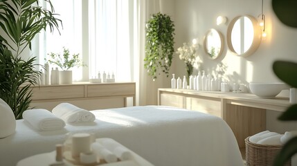 Contemporary Spa Treatment Room with Greenery and Soft Textures : Generative AI