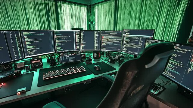 A mesmerizing dark-themed workspace where glowing programming scripts cascade down multiple monitors, surrounded by RGB-lit peripherals and a minimalistic desk setup.