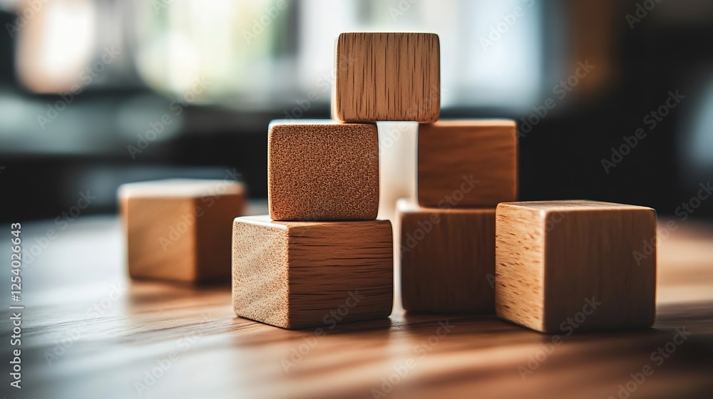 Aufkleber a taller arrangement of wooden blocks creating a small tower effect on a finely crafted wooden surfa
