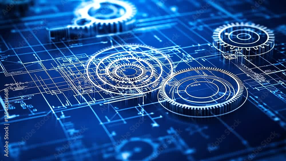 Poster a meticulously detailed technical blueprint featuring interlocking gears and mechanical components, 
