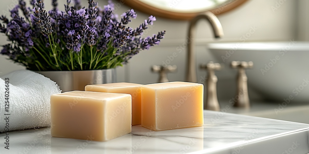 Aufkleber charming bathroom arrangement with three lavender soaps and plush towels for a serene atmosphere : g
