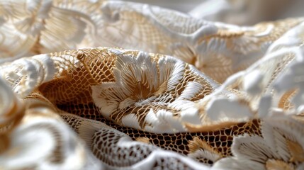 International Lace Day Intricate white and gold lace fabric with floral pattern close-up
