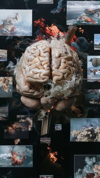 Surreal juxtaposition of human brain and explosive ocean imagery