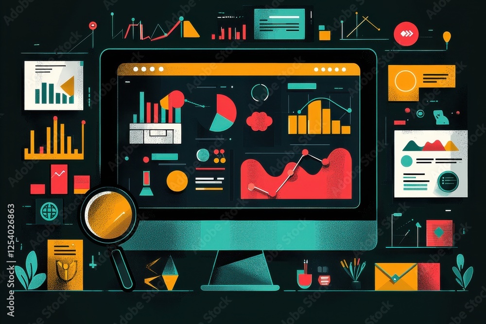 Poster illustration of analytics dashboard with colorful charts and data visualizations on screen