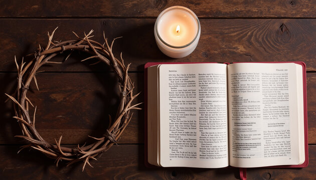 Crown of thorns beside open Bible with candlelight, Maundy Thursday