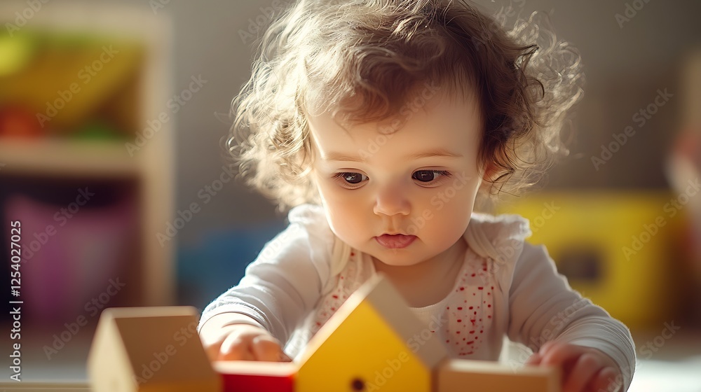 Aufkleber Engaged toddler manipulating colorful building blocks with an intense expression in a playful space : Generative AI