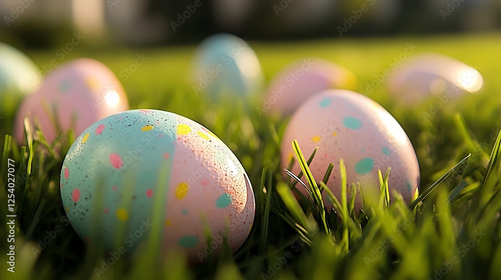 Poster colorful easter eggs scattered on vibrant green grass creating a festive spring atmosphere : generat