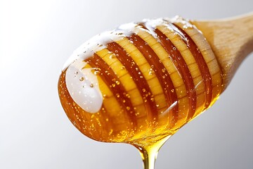 Dripping honey on wooden spoon showcasing its rich golden color and smooth texture in bright light...