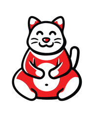 Happy Maneki-neko Cat: A cheerful cartoon Maneki-neko cat, in a red and white outfit, sits with a welcoming smile, embodying good luck and fortune.