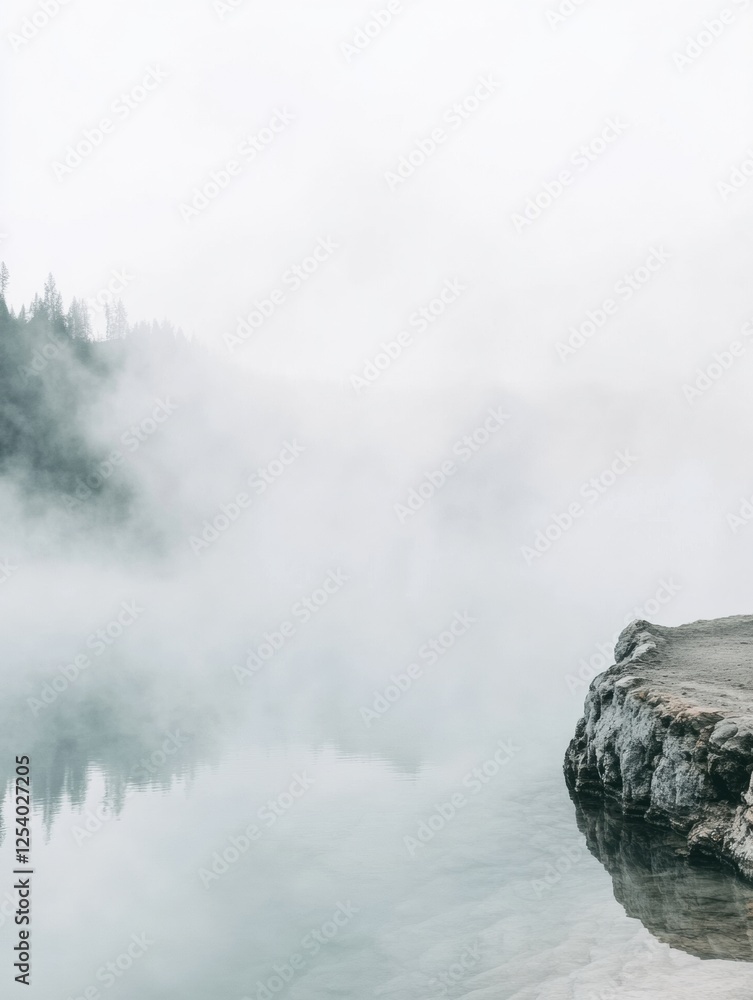 Poster serene hot spring with rising steam and rocky edges in a tranquil natural setting. generative ai