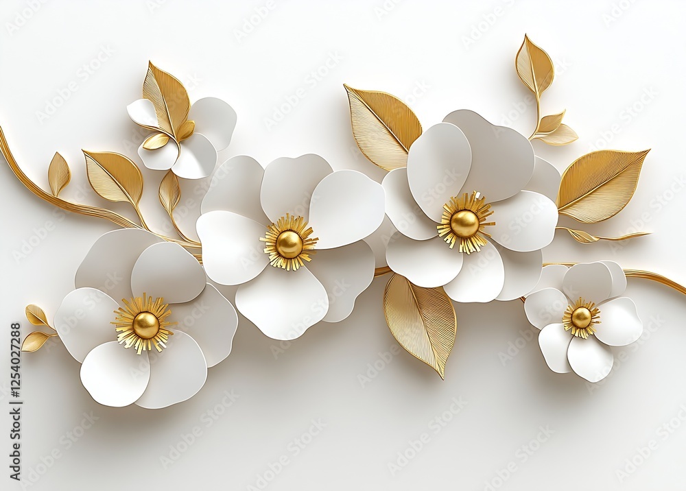 Poster stylish display of white and gold paper flowers artistically arranged in a bold and modern compositi