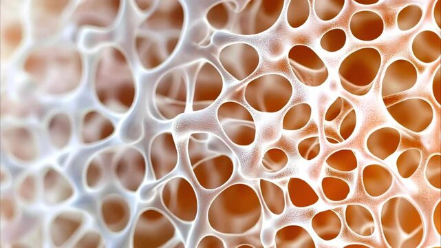 A close-up view of a porous, foam-like structure with a network of interconnected holes and bubbles.